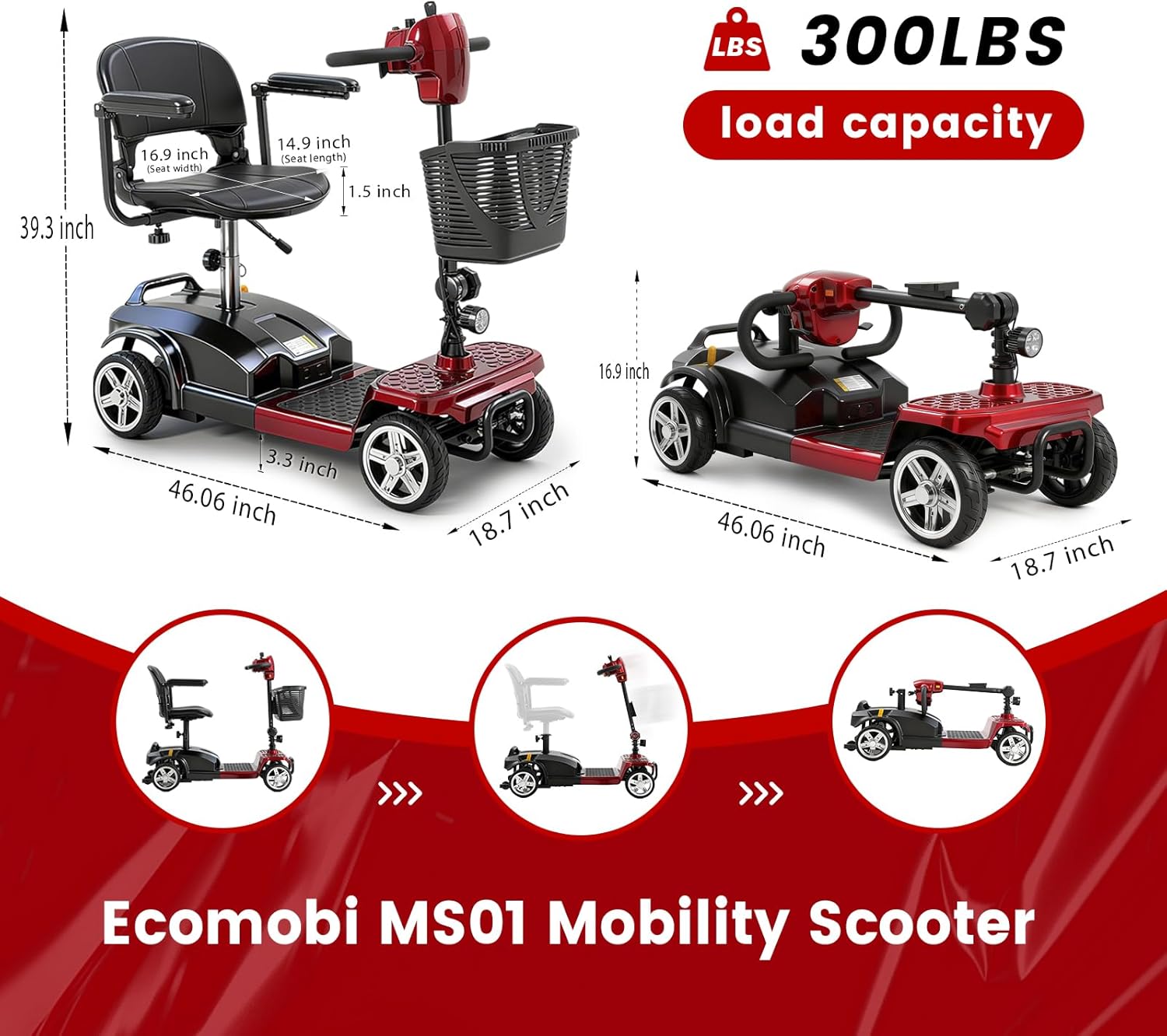 4 wheel mobility scooter for adults & seniors, 15–30 mile range, 350w, removable battery, compact 4 wheel mobility scooter for adults & seniors, 15–30 mile range, 350w, removable battery, compact