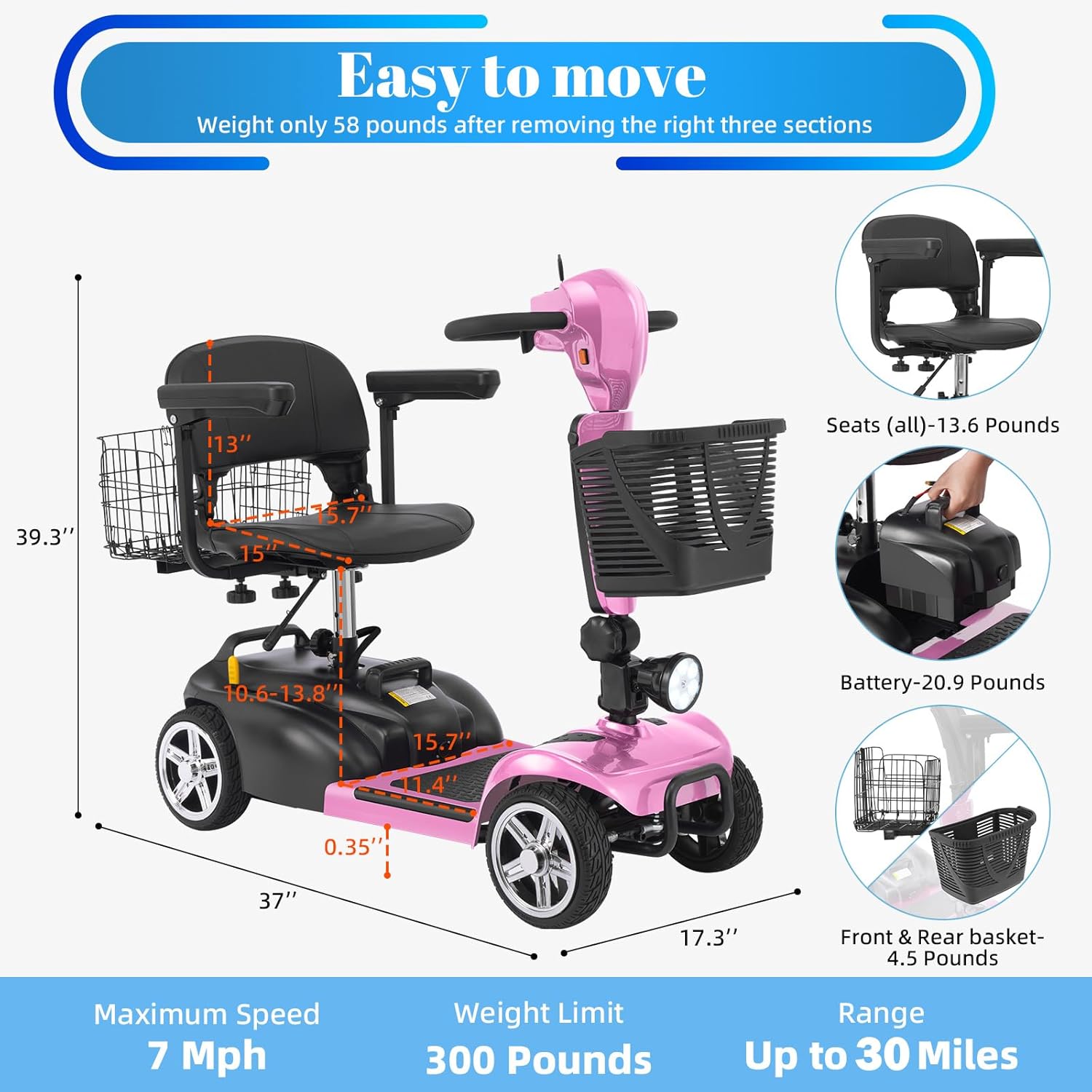 4 wheel mobility scooter for adults & seniors, 15–30 mile range, 350w, removable battery, compact 4 wheel mobility scooter for adults & seniors, 15–30 mile range, 350w, removable battery, compact