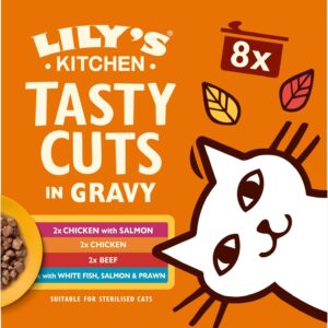 lily’s kitchen tasty cuts in gravy complete nutrition, cat wet food multipack (48x85g) tins for adult cats, with freshly prepared meat & offal, grain free recipe, suitable for sterilised cats