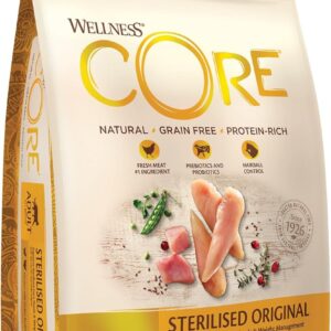 wellness core sterilised original 4 kg, chicken & turkey – dry cat food for sterlised/indoor cats, grain free, natural, hypoallergenic, protein rich, supports healthy weight management