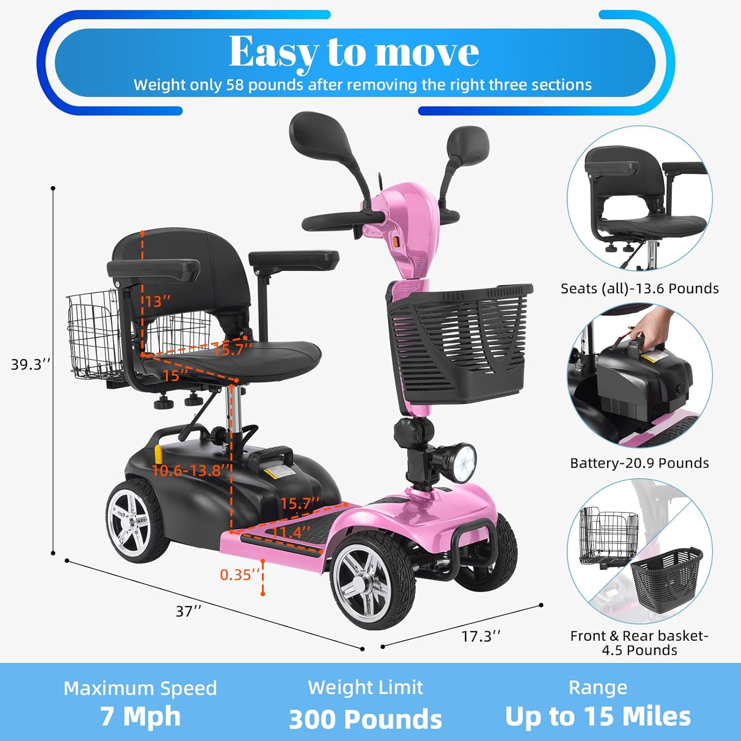 4 wheel mobility scooter for adults & seniors, 15–30 mile range, 350w, removable battery, compact 4 wheel mobility scooter for adults & seniors, 15–30 mile range, 350w, removable battery, compact