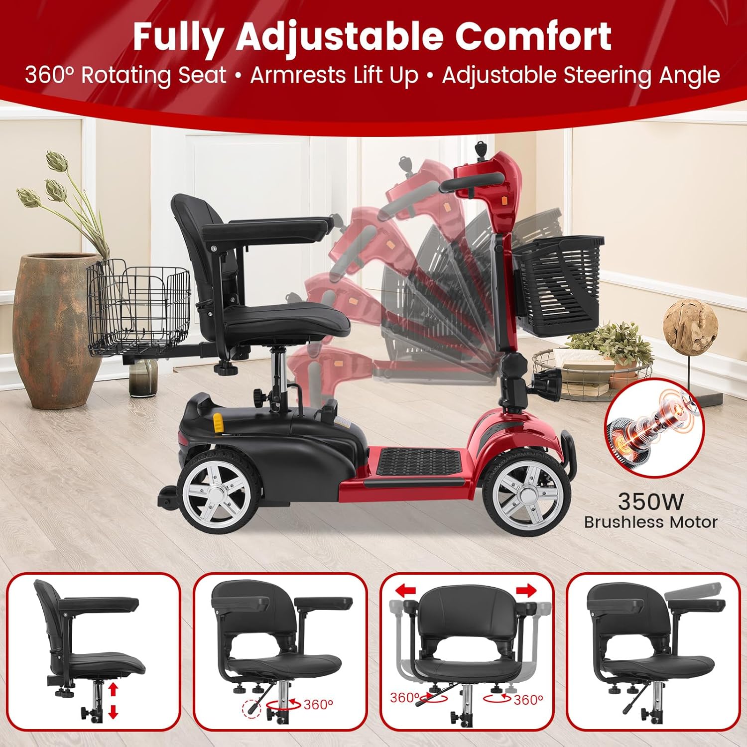 4 wheel mobility scooter for adults & seniors, 15–30 mile range, 350w, removable battery, compact 4 wheel mobility scooter for adults & seniors, 15–30 mile range, 350w, removable battery, compact