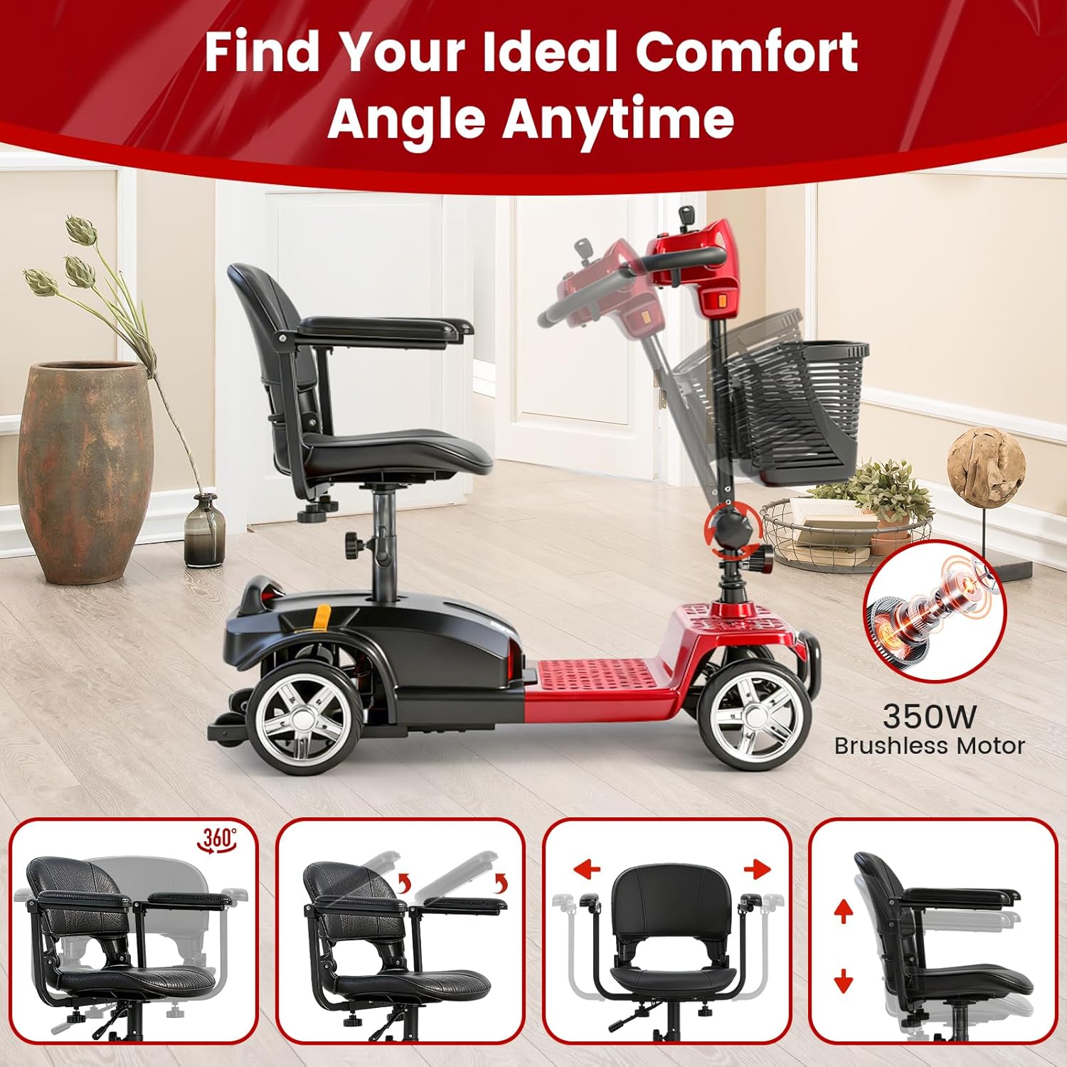 4 wheel mobility scooter for adults & seniors, 15–30 mile range, 350w, removable battery, compact 4 wheel mobility scooter for adults & seniors, 15–30 mile range, 350w, removable battery, compact