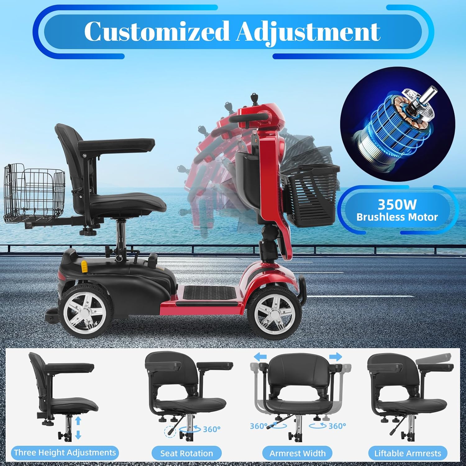 4 wheel mobility scooter for adults & seniors, 15–30 mile range, 350w, removable battery, compact 4 wheel mobility scooter for adults & seniors, 15–30 mile range, 350w, removable battery, compact