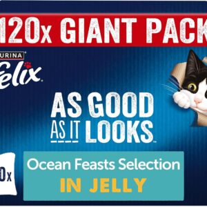 felix as good as it looks adult wet cat food ocean feasts in jelly plaice, salmon, tuna, cod 120 x 85g pouches