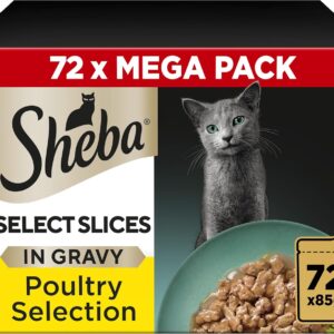 sheba select slices in gravy – poultry selection – wet cat food pouches for adult cats – 72 x 85g pack