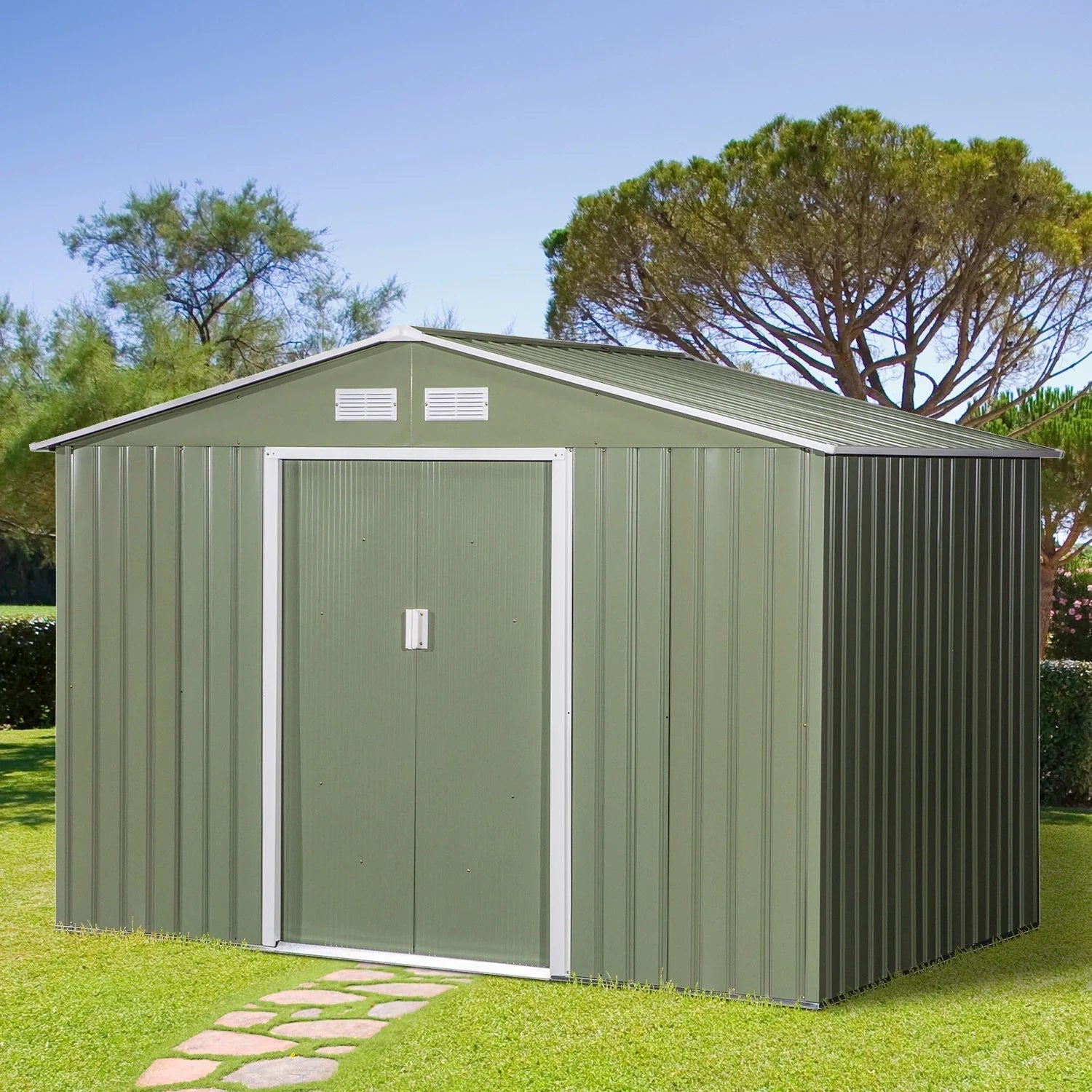 spacious 9′ x 6′ outdoor storage shed with foundation, sliding doors, and vents – green spacious 9′ x 6′ outdoor storage shed with foundation, sliding doors, and vents – green