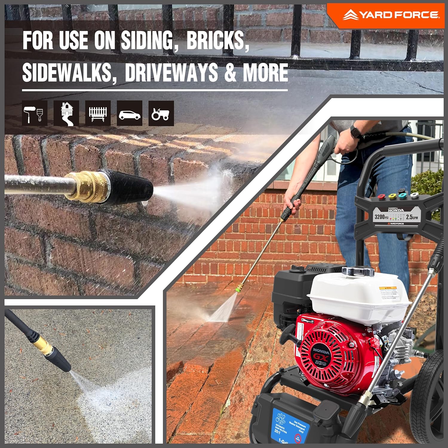 yard force yf3200 h pressure washer 3200 psi 2.5 gpm gas honda gx200 196cc engine new yard force yf3200 h pressure washer 3200 psi 2.5 gpm gas honda gx200 196cc engine new