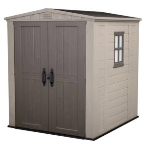 factor 6 x 6 ft strong storage shed made of extremely durable resin and reinforced with steel