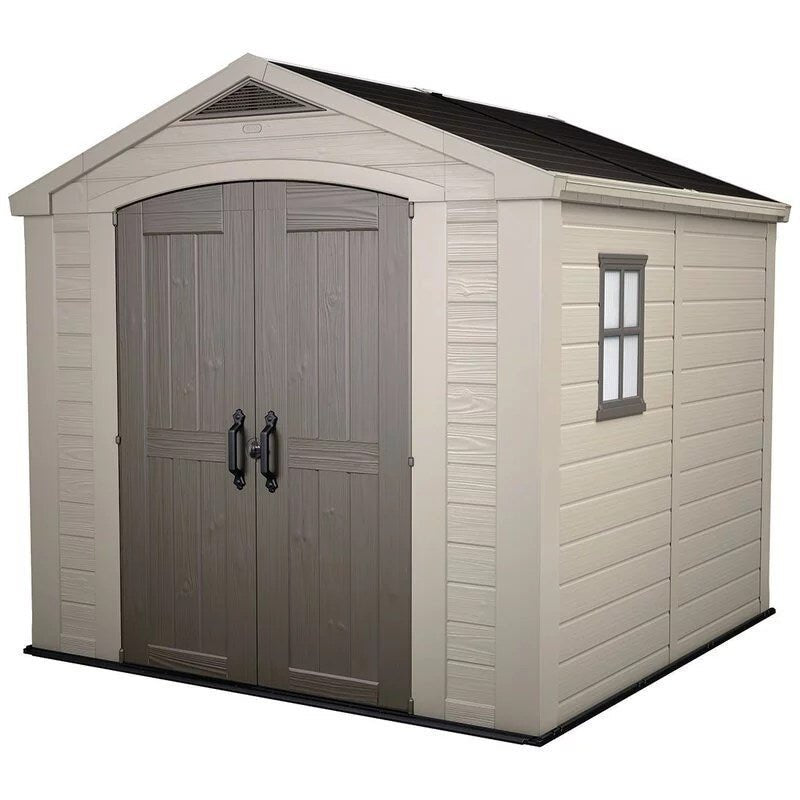 factor 8 x 8 ft strong storage shed made of extremely durable resin and reinforced with steel