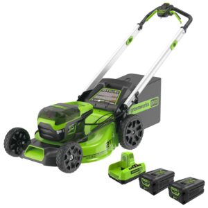 greenworks 60v 21″ brushless self propelled battery powered lawn mower + (2) 4.0ah batteries & dual port charger