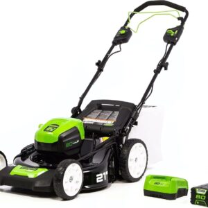 greenworks pro 80v 21 inch brushless self propelled lawn mower, 4ah battery included mo80l410