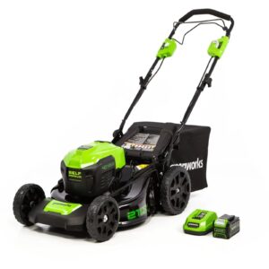 greenworks self propelled 21 inch brushless lawn mower 40v with 5ah battery and charger