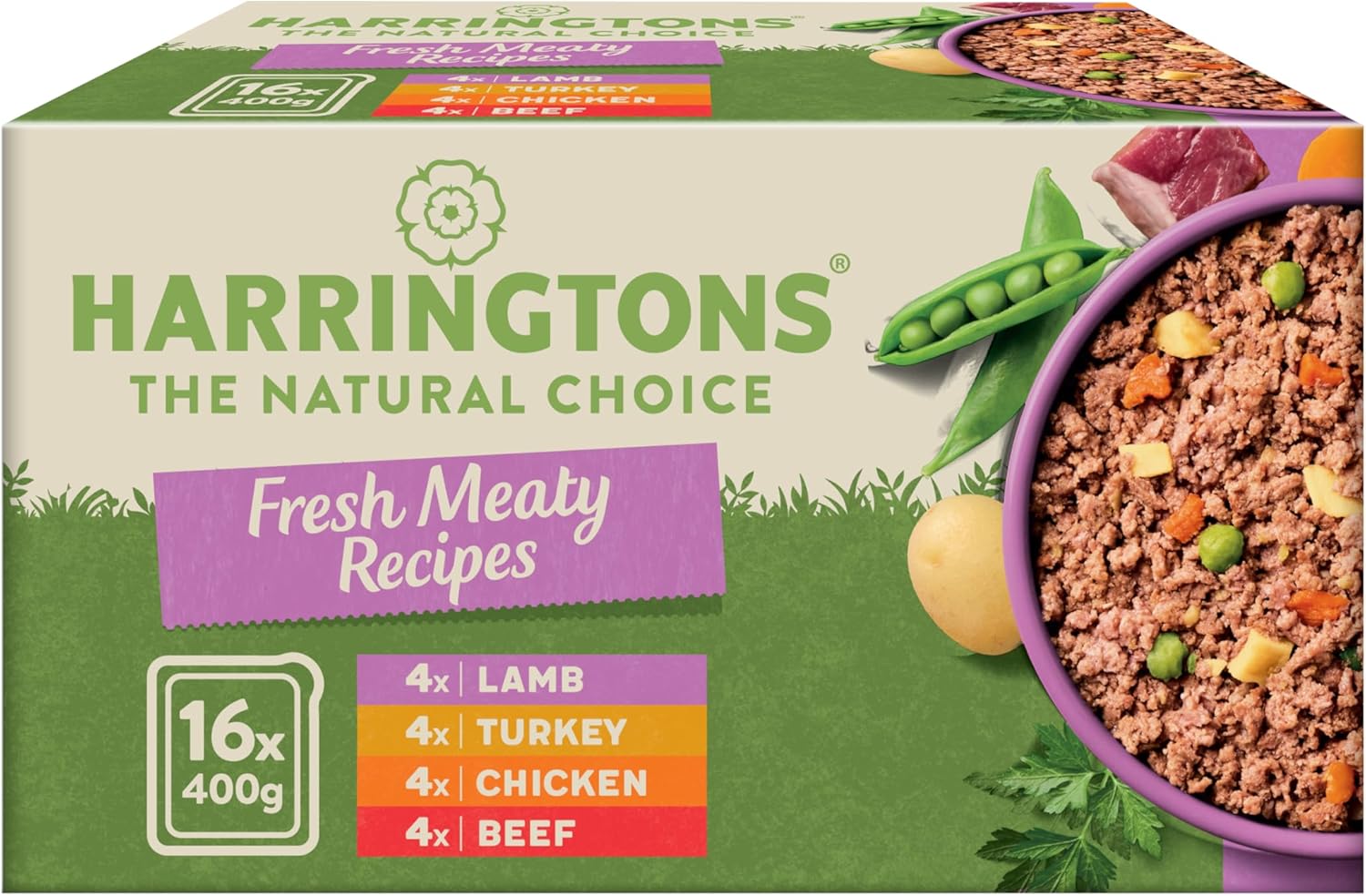 harringtons complete wet tray grain free hypoallergenic adult dog food meaty bumper pack 16x400g chicken, lamb, beef & turkey made with all natural ingredients harringtons complete wet tray grain free hypoallergenic adult dog food meaty bumper pack 16x400g chicken, lamb, beef & turkey made with all natural ingredients