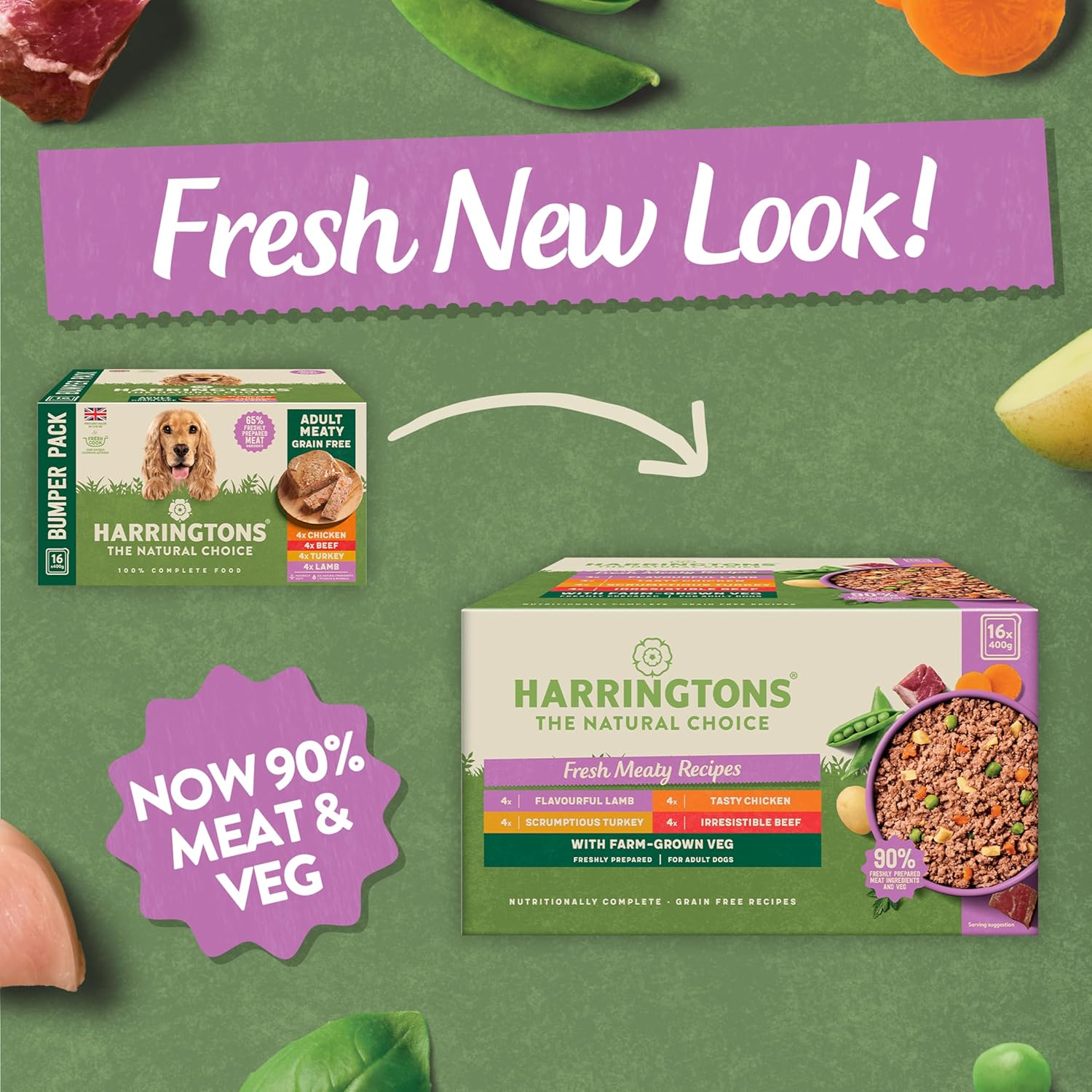 harringtons complete wet tray grain free hypoallergenic adult dog food meaty bumper pack 16x400g chicken, lamb, beef & turkey made with all natural ingredients harringtons complete wet tray grain free hypoallergenic adult dog food meaty bumper pack 16x400g chicken, lamb, beef & turkey made with all natural ingredients