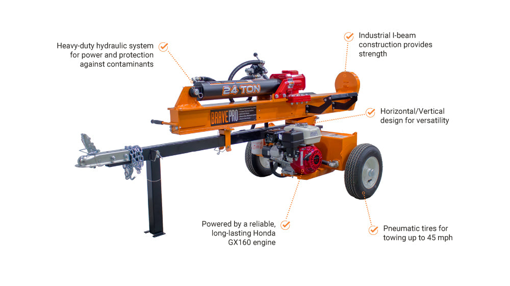 Brave 24 Ton Horizontal / Vertical Log Splitter Commercial Honda GX160 (VH1724GX) IMG 1 FEATURES BRAVE VH1724GX SPLITTER 24TON