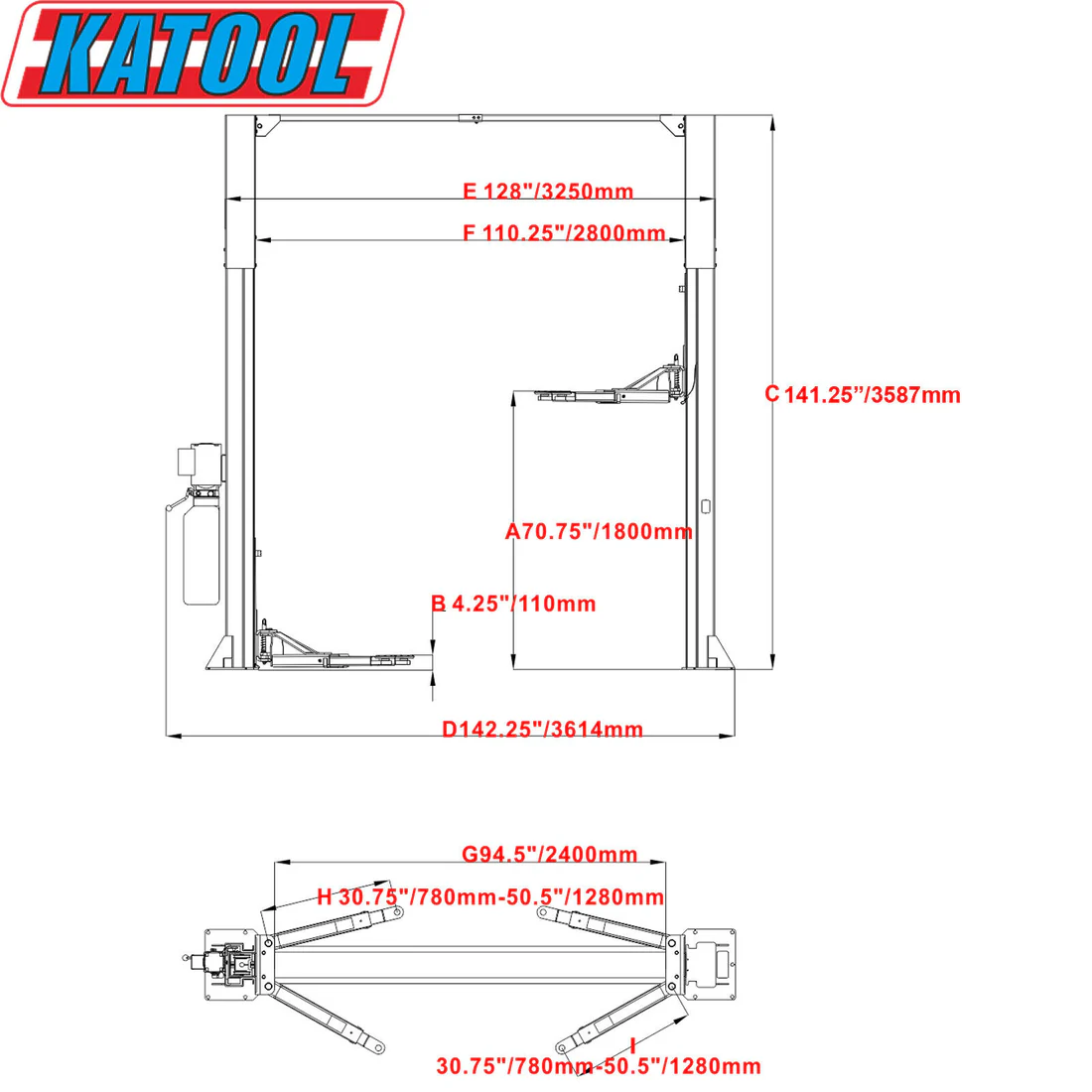 m110 two post clear floor vehicle lift 11,000 lbs by katool