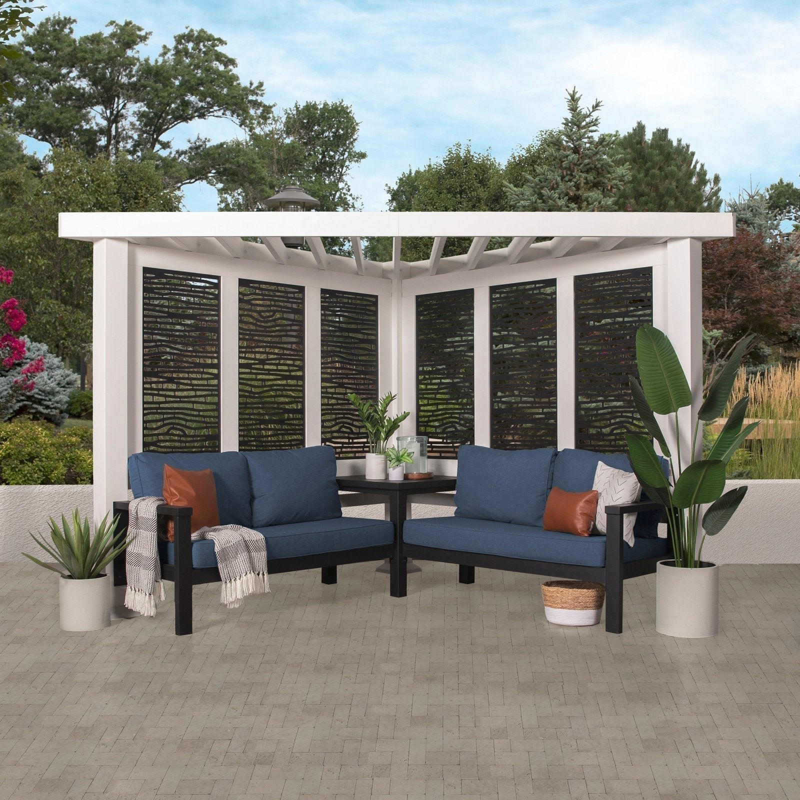 ridgedale modern steel cabana pergola with conversational seating P1AModernWhiteIndigo-1