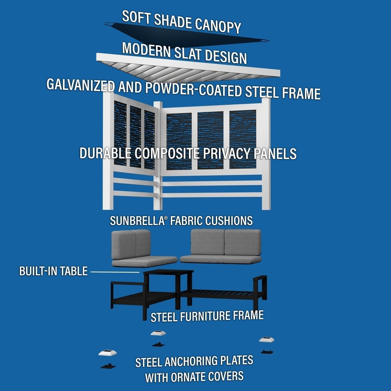 ridgedale modern steel cabana pergola with conversational seating ridgedale modern steel cabana pergola with conversational seating