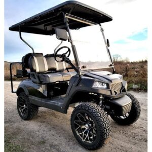 terminator 48v electric golf cart four seater – massive rims/tires flip seat & optionally fully loaded – black demo model