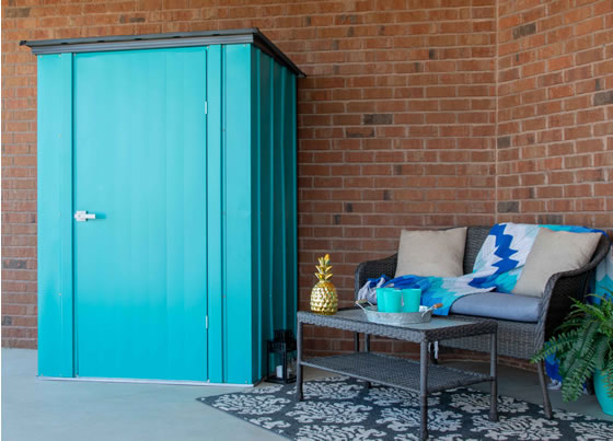Arrow Teal 4x3 Spacemaker Patio Shed Kit Assembled On Home Patio Arrow Teal 4x3 Spacemaker Patio Shed Kit Assembled On Home Patio