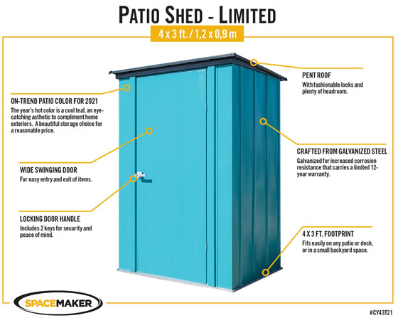 Arrow Teal 4x3 Spacemaker Patio Shed Kit Features & Benefits Arrow Teal 4x3 Spacemaker Patio Shed Kit Features & Benefits
