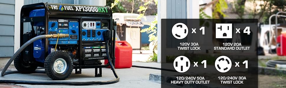 DuroMax 13000 Watt, Tri Fuel Portable Generator, w/ CO Alert XP13000HXT - Outlets