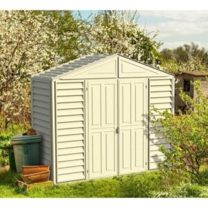 duramax 10.5ft x 2.75ft sidepro vinyl shed with foundation kit