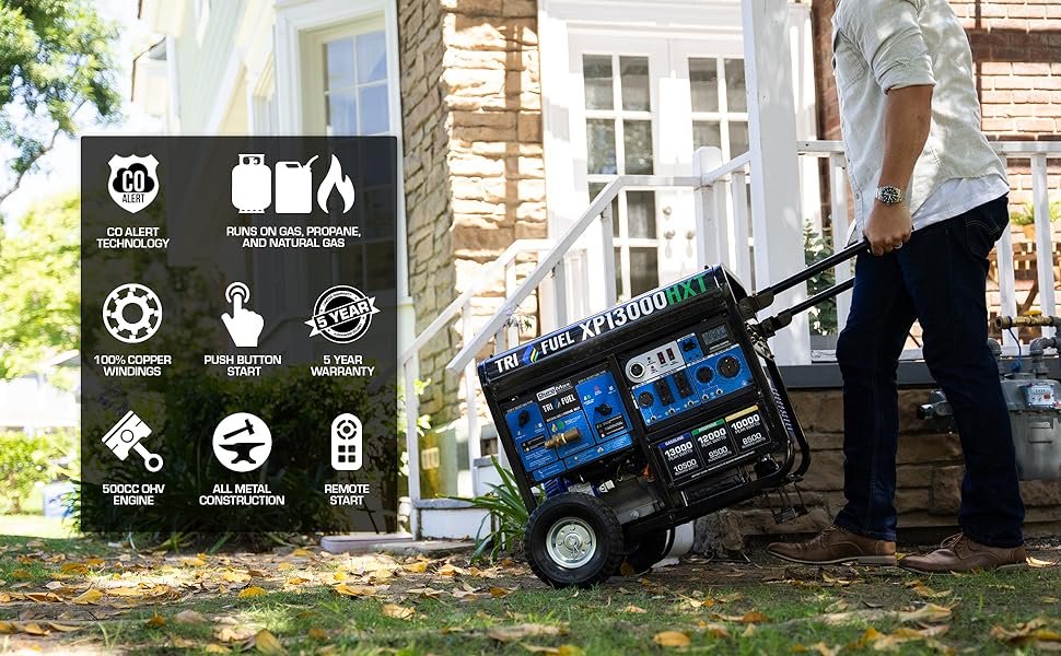 DuroMax 13000 Watt, Tri Fuel Portable Generator, w/ CO Alert XP13000HXT - Features