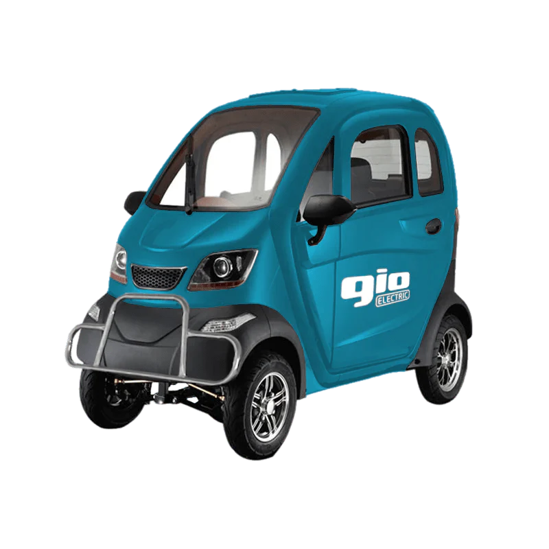 gio golf enclosed mobility scooter 60v 1200w, top speed 18mph, range up to 30 miles, backup camera, heater, fan, alarm, media center, 500lb load capacity