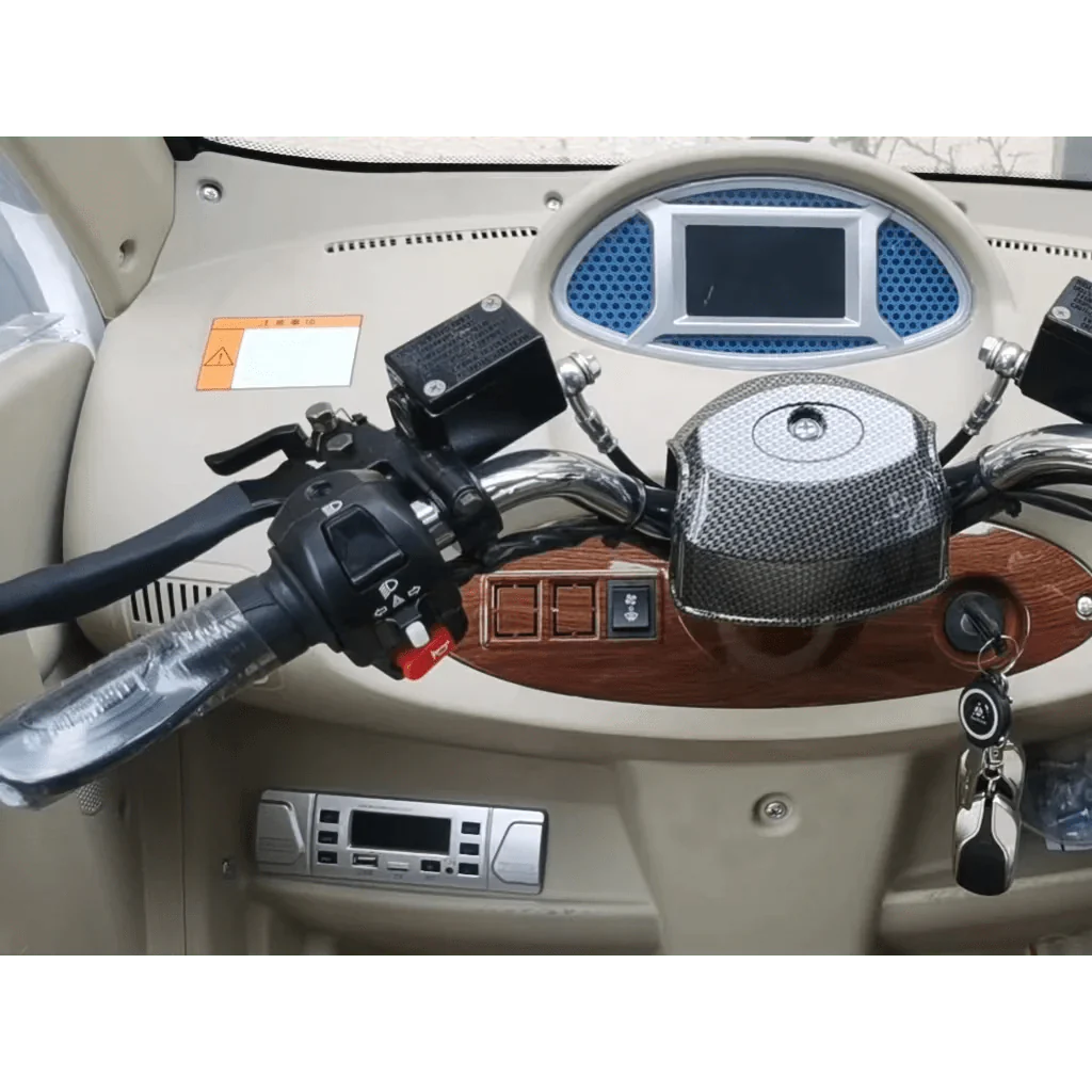 gio golf enclosed mobility scooter 60v 1200w, top speed 18mph, range up to 30 miles, backup camera, heater, fan, alarm, media center, 500lb load capacity