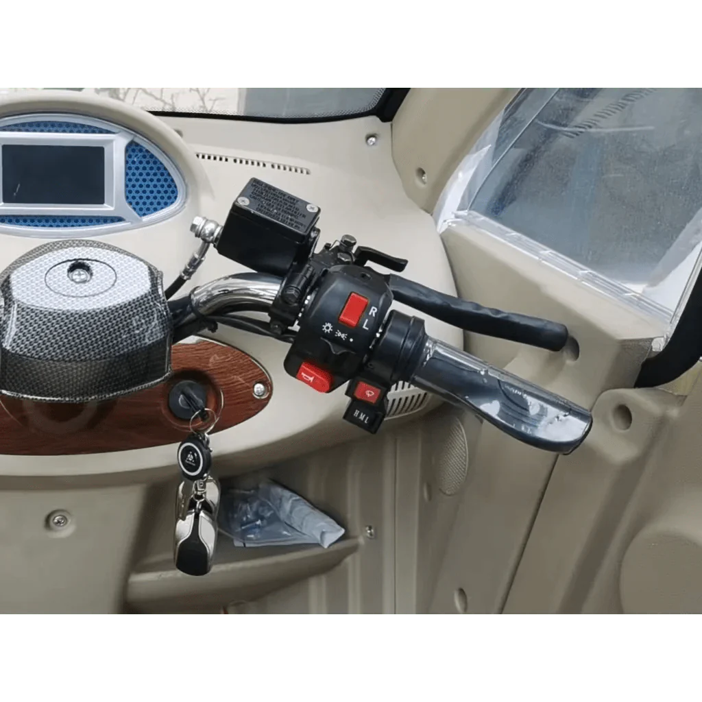 gio golf enclosed mobility scooter 60v 1200w, top speed 18mph, range up to 30 miles, backup camera, heater, fan, alarm, media center, 500lb load capacity