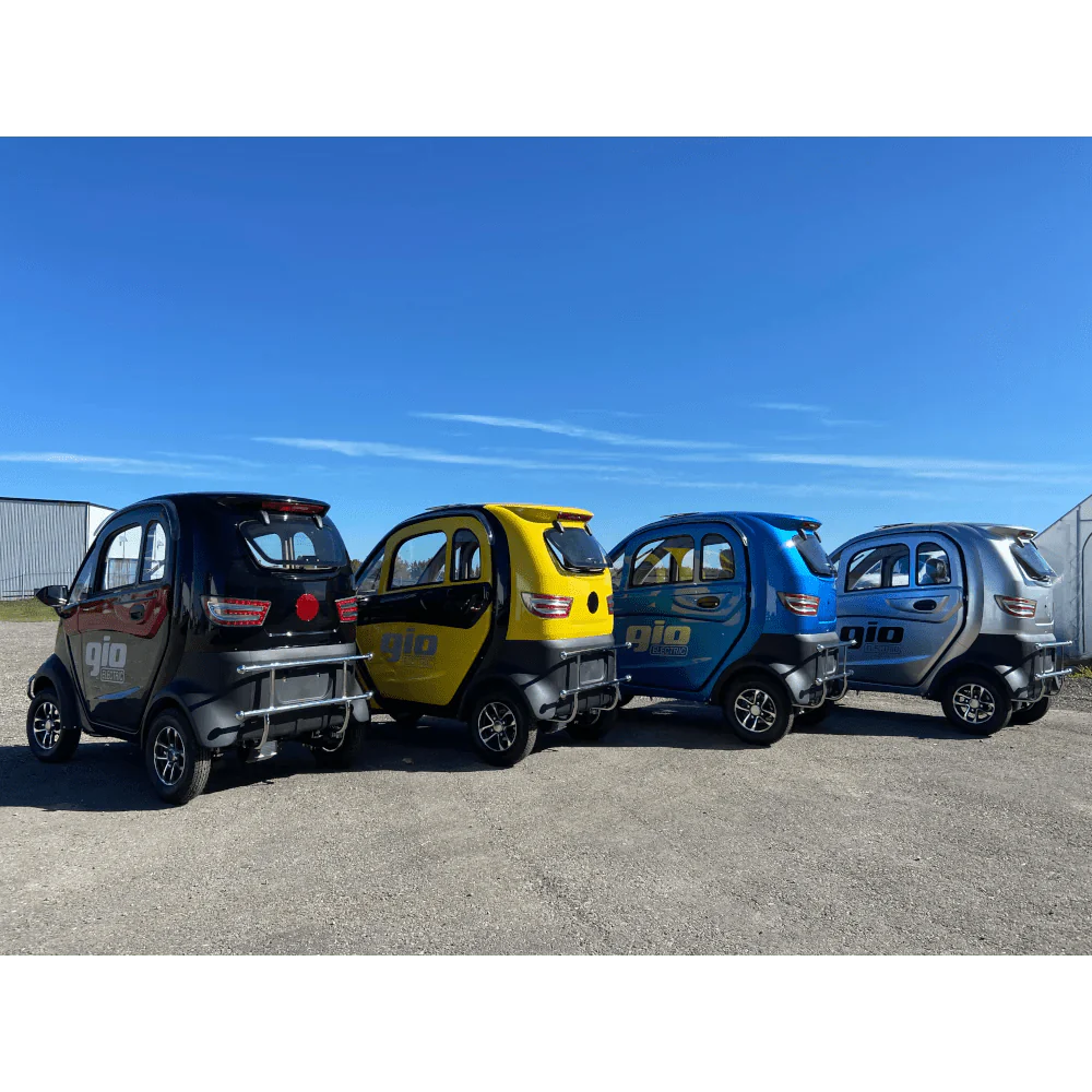 gio golf enclosed mobility scooter 60v 1200w, top speed 18mph, range up to 30 miles, backup camera, heater, fan, alarm, media center, 500lb load capacity