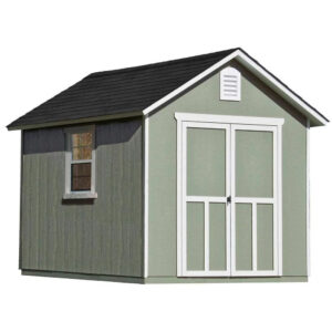 installed meridian 8 ft. x 10 ft. wood storage shed with driftwood shingles