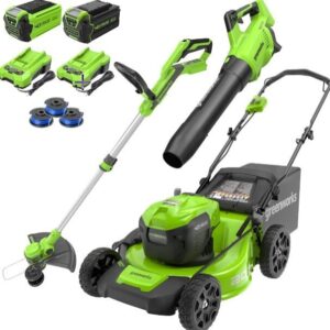 greenworks 40v 20″ cordless mower, 500 cfm blower, 12″ trimmer, 2 batteries (5ah + 2ah) & chargers