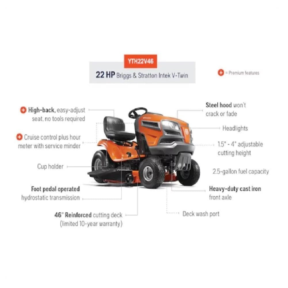 husqvarna 46″ 22 hp riding mower yth22v46 husqvarna 46″ 22 hp riding mower yth22v46