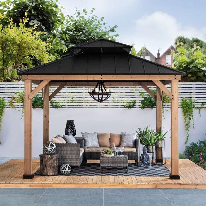 sunjoy outdoor patio black 2 tier wooden frame backyard hardtop gazebo with ceiling hook sunjoy outdoor patio black 2 tier wooden frame backyard hardtop gazebo with ceiling hook