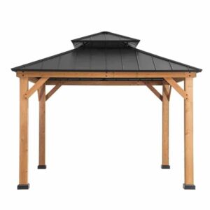 sunjoy outdoor patio black 2 tier wooden frame backyard hardtop gazebo with ceiling hook
