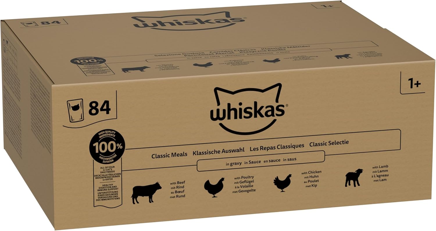 whiskas 1+ adult classic selection in gravy 84 pouches, adult wet cat food, megapack (84 x 85 g) whiskas 1+ adult classic selection in gravy 84 pouches, adult wet cat food, megapack (84 x 85 g)