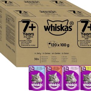 whiskas wet pouches, fish and meaty selection in jelly, suitable for senior cats aged 7+, megapack (120 x 100 g)