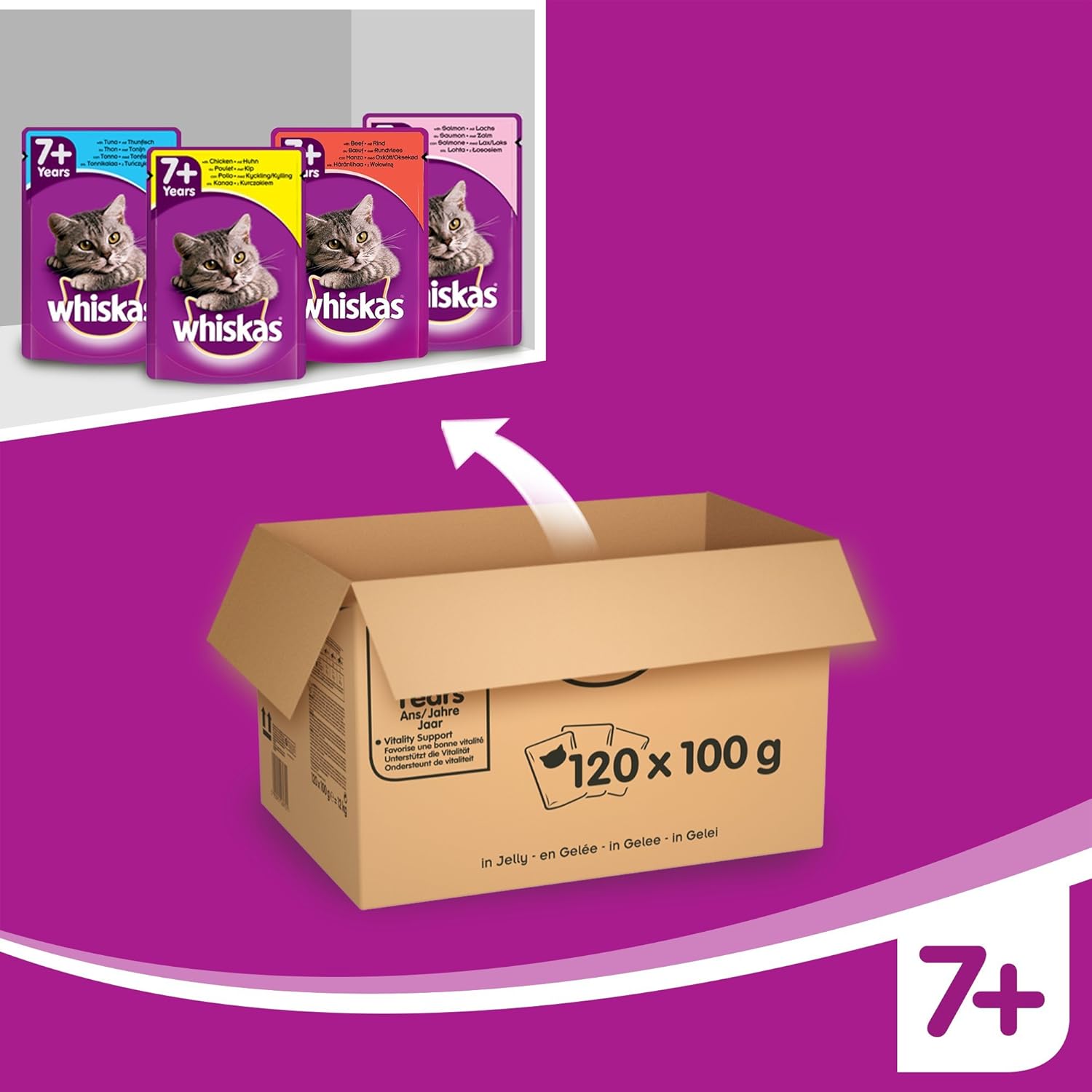 whiskas wet pouches, fish and meaty selection in jelly, suitable for senior cats aged 7+, megapack (120 x 100 g) whiskas wet pouches, fish and meaty selection in jelly, suitable for senior cats aged 7+, megapack (120 x 100 g)