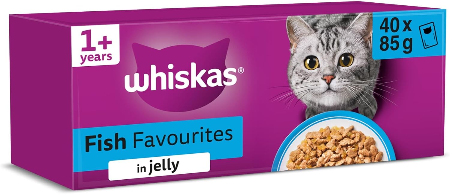 whiskas adult wet cat food in jelly 40x85g fish favourites whiskas adult wet cat food in jelly 40x85g fish favourites
