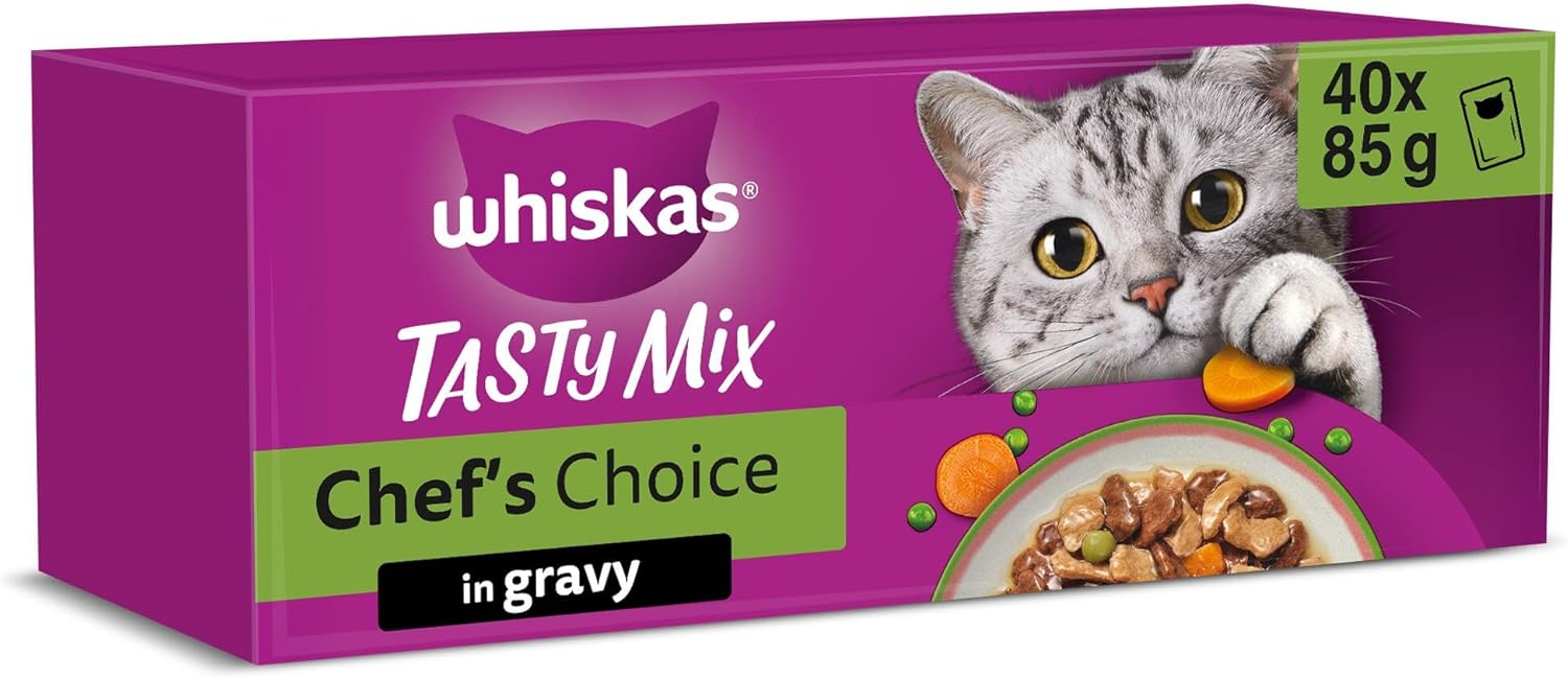 whiskas tasty mix 1+chef´s choice in gravy 40x85g pouches, adult cat food whiskas tasty mix 1+chef´s choice in gravy 40x85g pouches, adult cat food