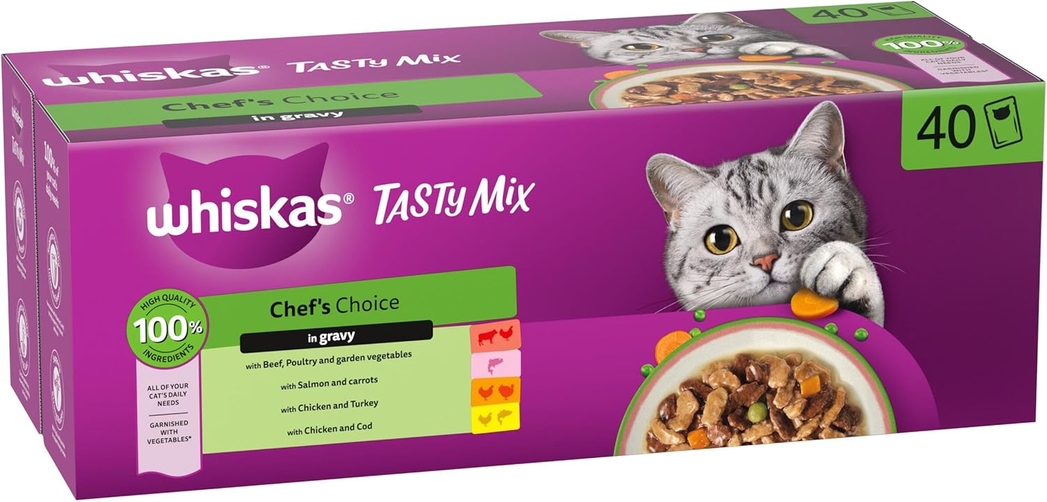 whiskas tasty mix 1+chef´s choice in gravy 40x85g pouches, adult cat food whiskas tasty mix 1+chef´s choice in gravy 40x85g pouches, adult cat food