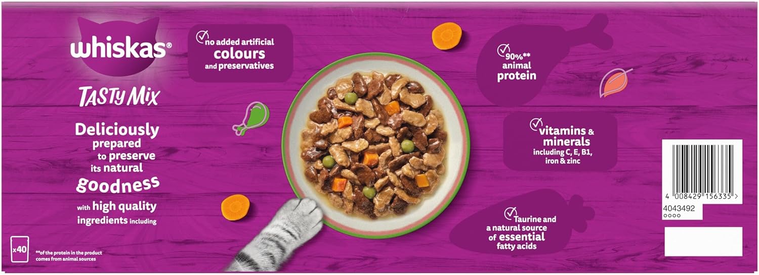 whiskas tasty mix 1+chef´s choice in gravy 40x85g pouches, adult cat food whiskas tasty mix 1+chef´s choice in gravy 40x85g pouches, adult cat food