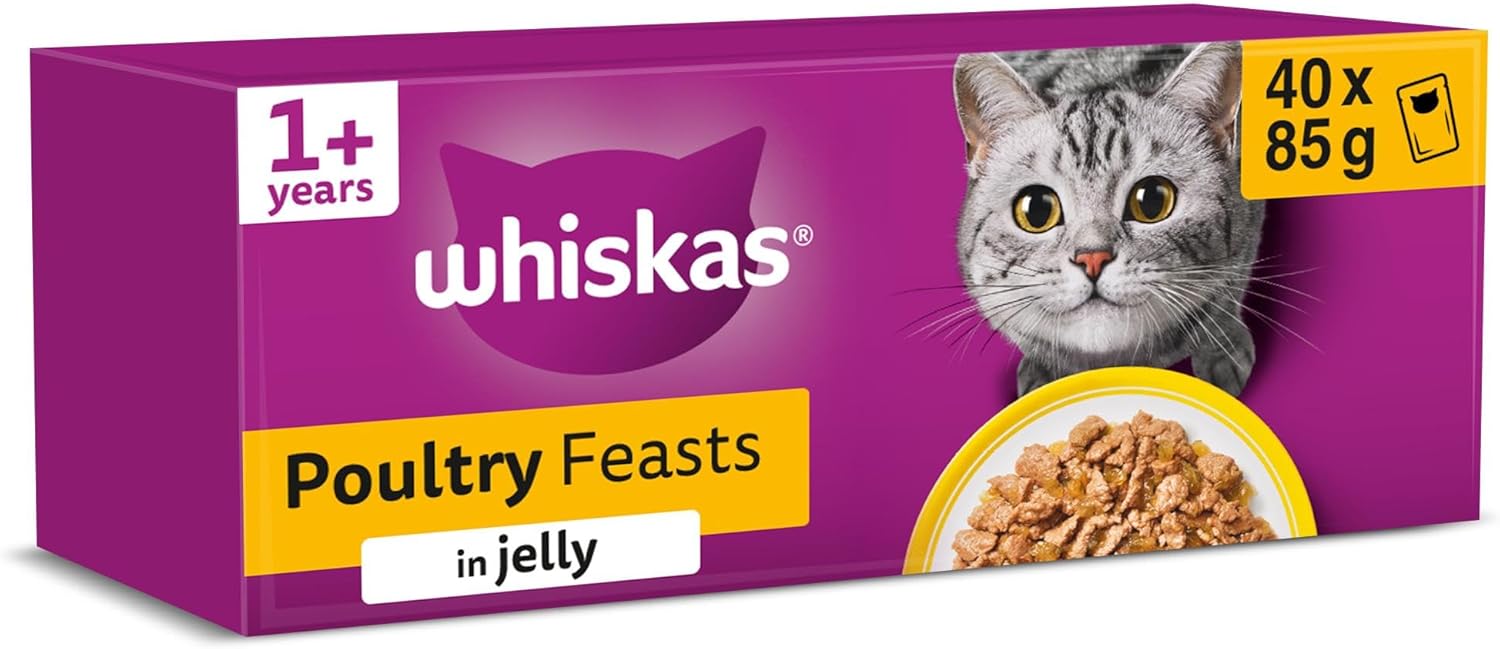 whiskas adult wet cat food in jelly 40x85g poultry feasts whiskas adult wet cat food in jelly 40x85g poultry feasts