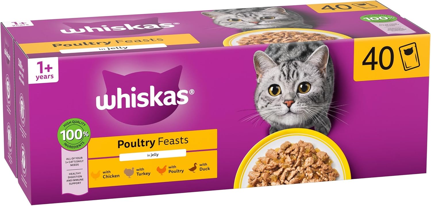 whiskas adult wet cat food in jelly 40x85g poultry feasts whiskas adult wet cat food in jelly 40x85g poultry feasts