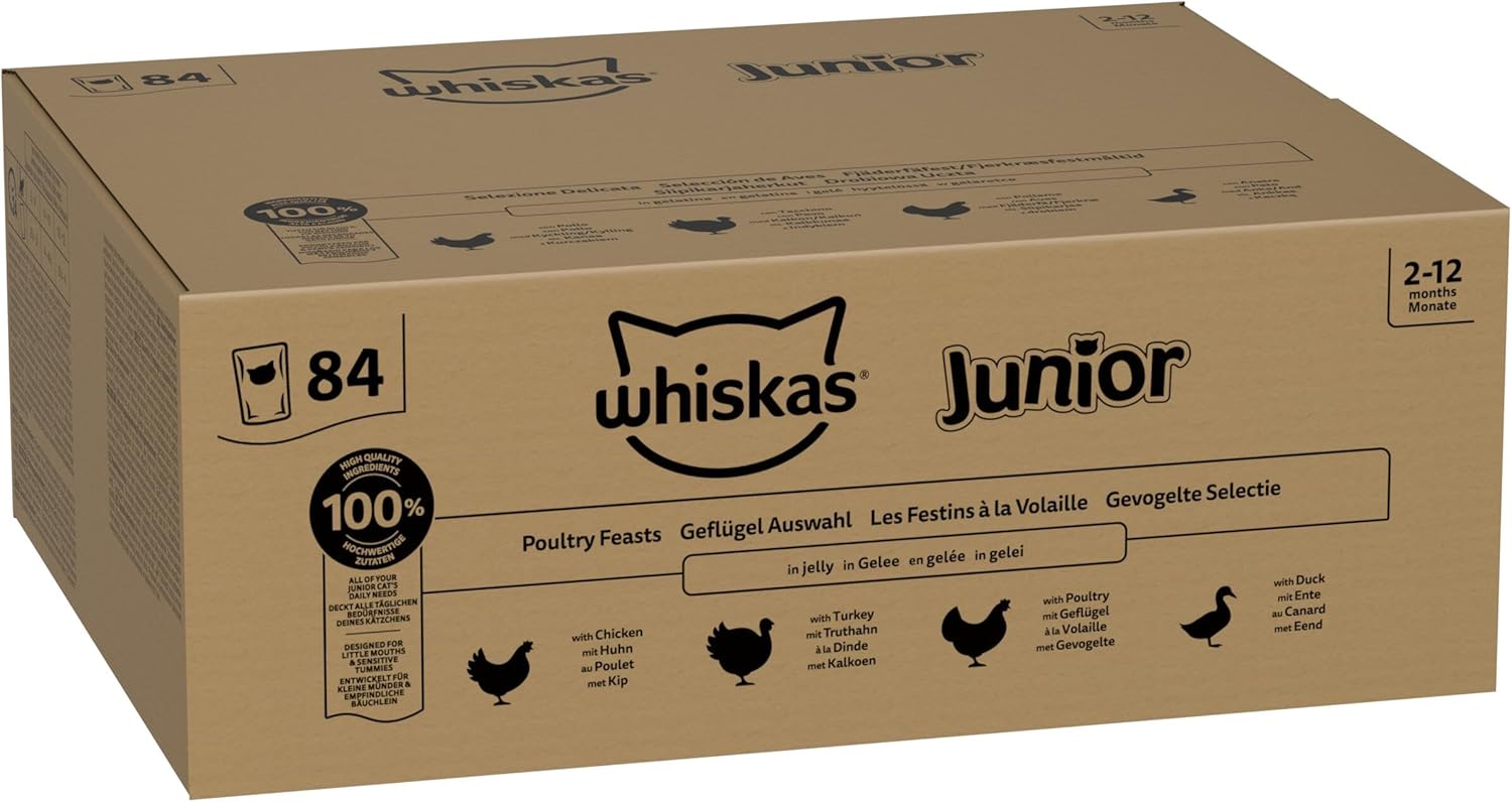 whiskas junior poultry selection in jelly 84 pouches, wet kitten and cat food, selection of chicken, duck, poultry and turkey, megapack (84 x 85 g) whiskas junior poultry selection in jelly 84 pouches, wet kitten and cat food, selection of chicken, duck, poultry and turkey, megapack (84 x 85 g)