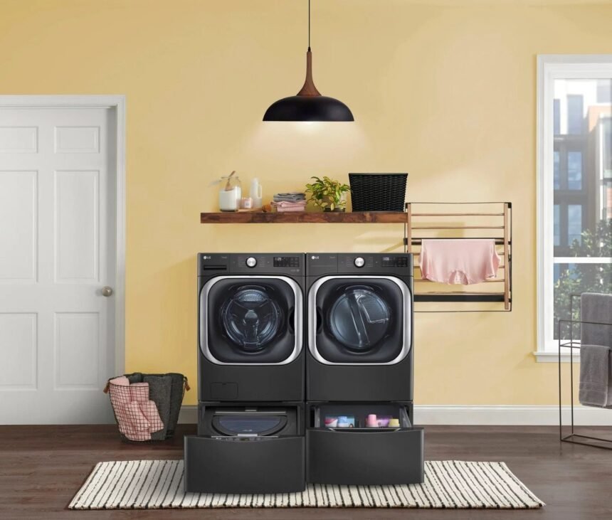 lg – sidekick 1.0 cu. ft. high efficiency smart top load pedestal washer with 3 motion technology – black steel
